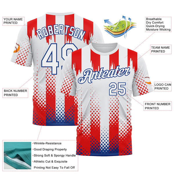 Custom White Red-Royal 3D Pattern Design USA Inspired America Sportswear Performance T-Shirt alternate