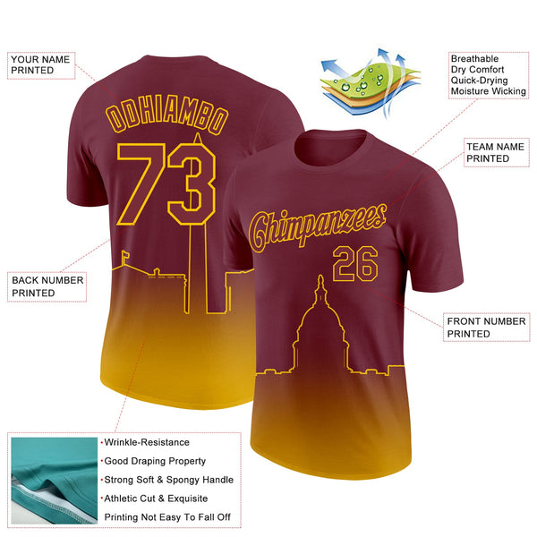 Custom Burgundy Yellow 3D Washington City Edition Fade Fashion Performance T-Shirt alternate