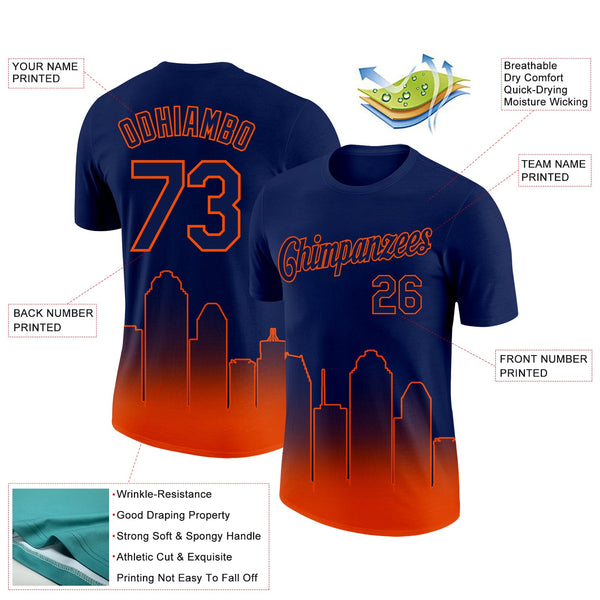 Custom Navy Orange 3D Houston City Edition Fade Fashion Performance T-Shirt alternate