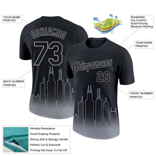 Custom Black Gray 3D Chicago City Edition Fade Fashion Performance T-Shirt alternate
