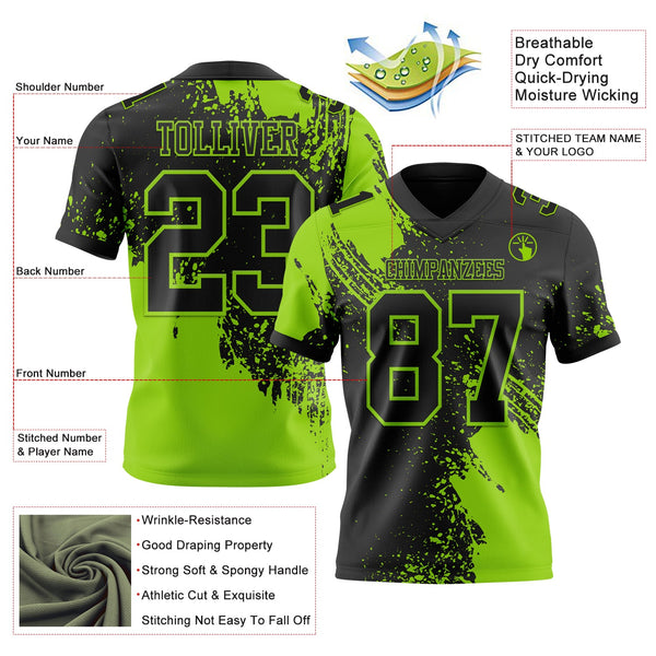 Custom Black Neon Green 3D Pattern Abstract Brush Stroke Authentic Football Jersey alternate