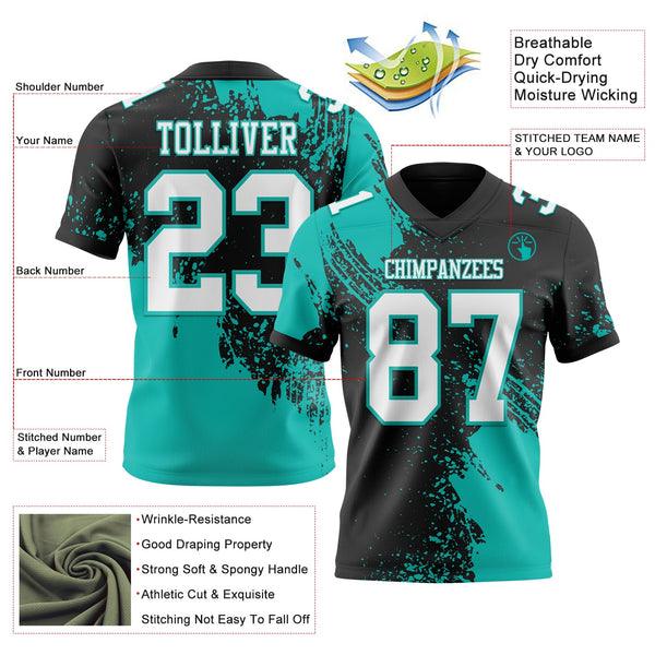 Custom Black White-Aqua 3D Pattern Abstract Brush Stroke Authentic Football Jersey alternate