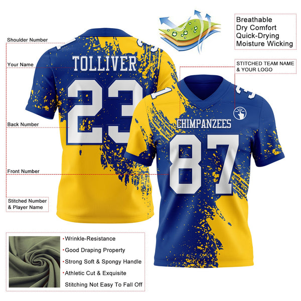 Custom Royal White-Gold 3D Pattern Abstract Brush Stroke Authentic Football Jersey alternate