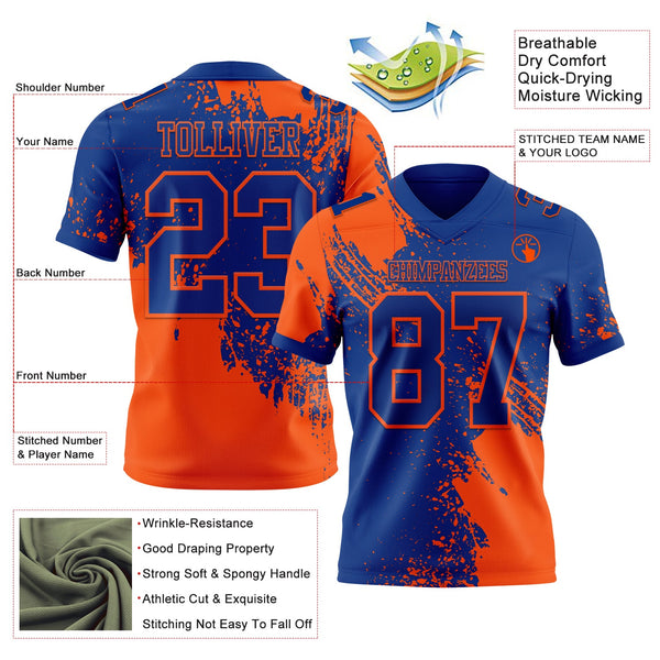 Custom Royal Orange 3D Pattern Abstract Brush Stroke Authentic Football Jersey alternate