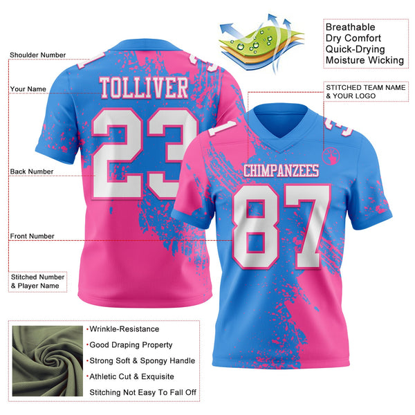 Custom Powder Blue White-Pink 3D Pattern Abstract Brush Stroke Authentic Football Jersey alternate