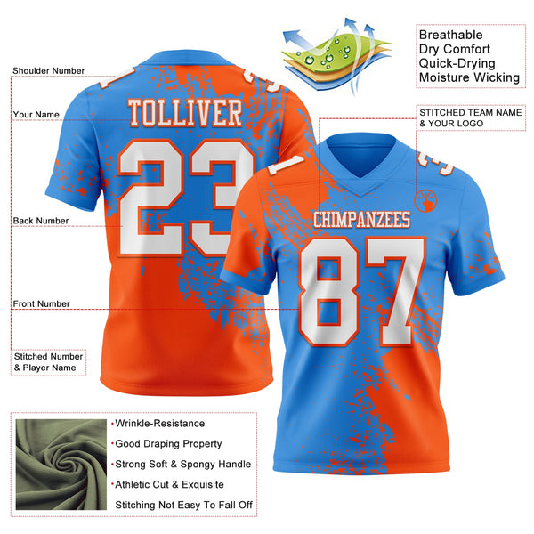Custom Powder Blue White-Orange 3D Pattern Abstract Brush Stroke Authentic Football Jersey alternate