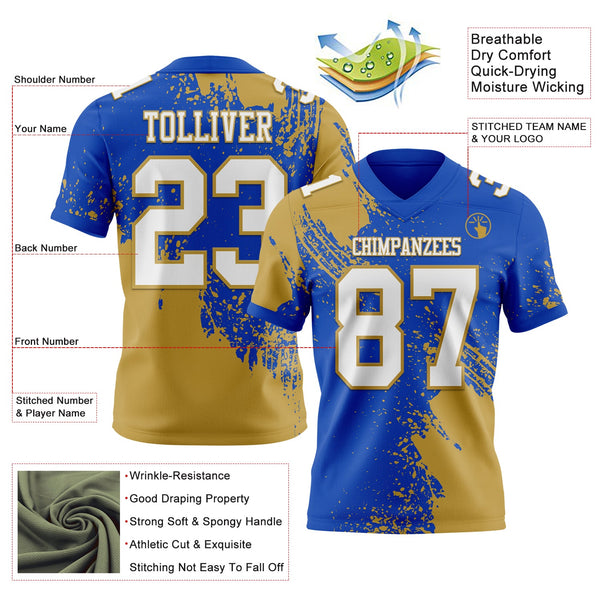 Custom Thunder Blue White-Old Gold 3D Pattern Abstract Brush Stroke Authentic Football Jersey alternate
