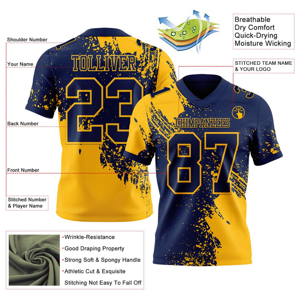 Custom Navy Gold 3D Pattern Abstract Brush Stroke Authentic Football Jersey alternate