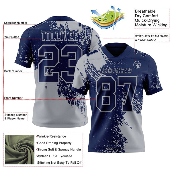 Custom Navy Gray 3D Pattern Abstract Brush Stroke Authentic Football Jersey alternate