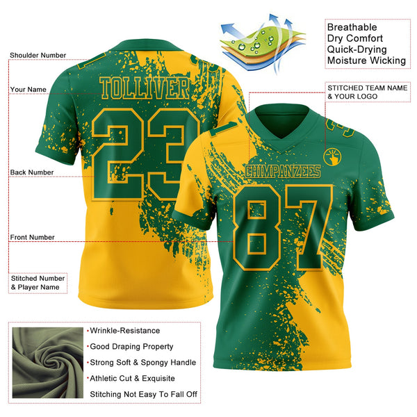 Custom Kelly Green Gold 3D Pattern Abstract Brush Stroke Authentic Football Jersey alternate