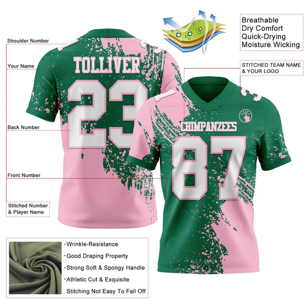 Custom Kelly Green White-Light Pink 3D Pattern Abstract Brush Stroke Authentic Football Jersey alternate