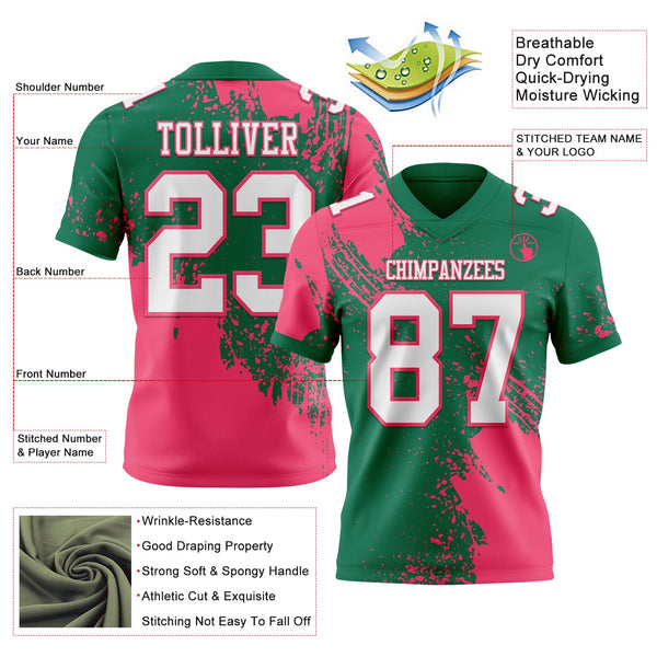 Custom Kelly Green White-Neon Pink 3D Pattern Abstract Brush Stroke Authentic Football Jersey alternate