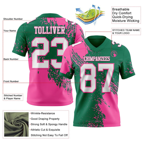 Custom Kelly Green White-Pink 3D Pattern Abstract Brush Stroke Authentic Football Jersey alternate