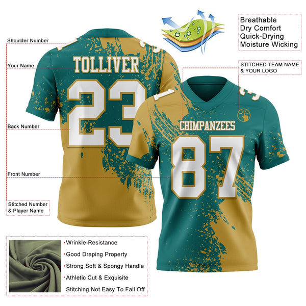 Custom Teal White-Old Gold 3D Pattern Abstract Brush Stroke Authentic Football Jersey alternate