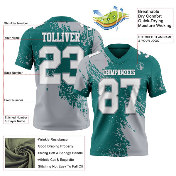 Custom Teal White-Gray 3D Pattern Abstract Brush Stroke Authentic Football Jersey alternate