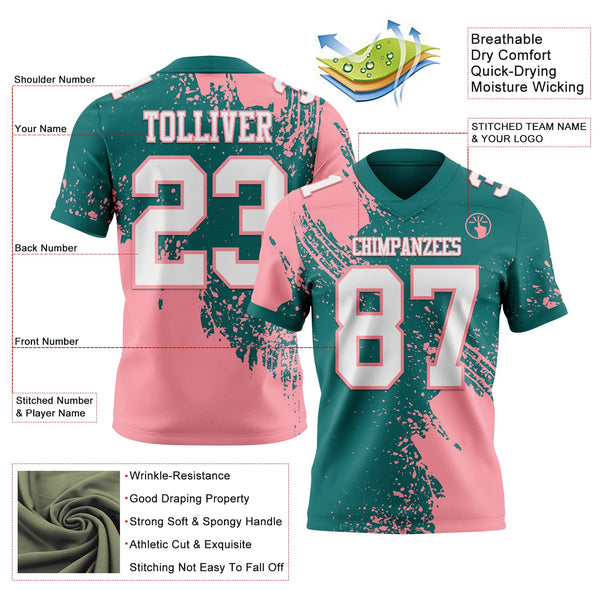 Custom Teal White-Medium Pink 3D Pattern Abstract Brush Stroke Authentic Football Jersey alternate