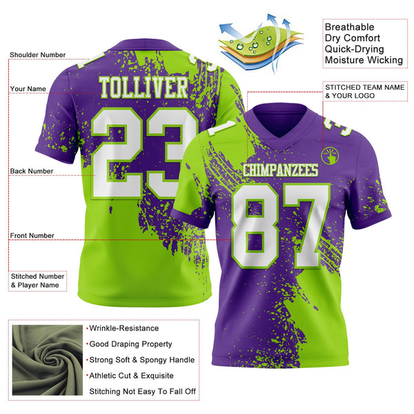 Custom Purple White-Neon Green 3D Pattern Abstract Brush Stroke Authentic Football Jersey alternate