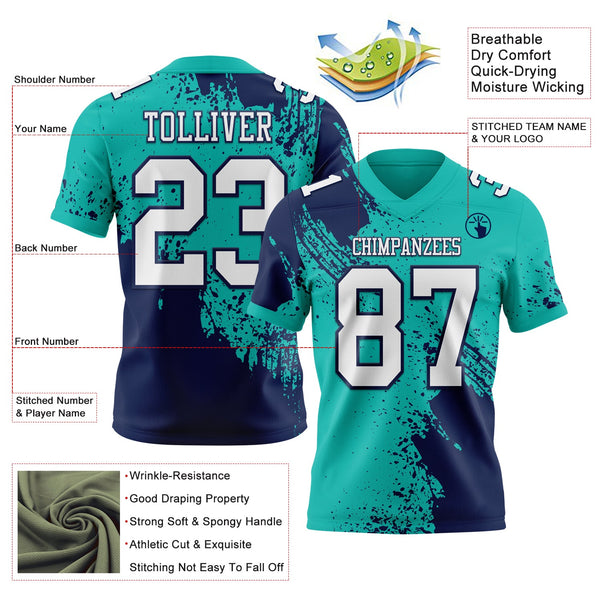 Custom Aqua White-Navy 3D Pattern Abstract Brush Stroke Authentic Football Jersey alternate