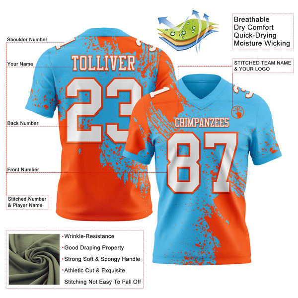 Custom Sky Blue White-Orange 3D Pattern Abstract Brush Stroke Authentic Football Jersey alternate