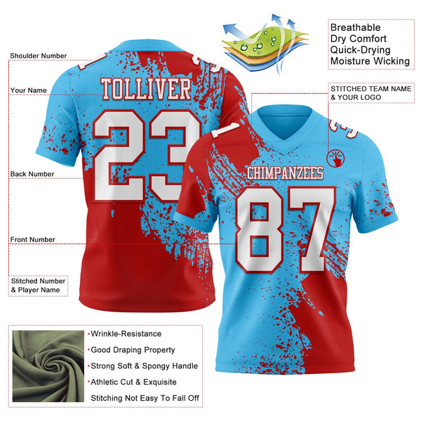 Custom Sky Blue White-Red 3D Pattern Abstract Brush Stroke Authentic Football Jersey alternate