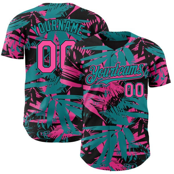 Custom Black Pink-Teal Hawaii Palm Leaves Authentic Baseball Jersey