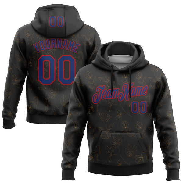 Custom Stitched Black Royal-Red 3D Pattern Design Golden Subtle Floral Sports Pullover Sweatshirt Hoodie