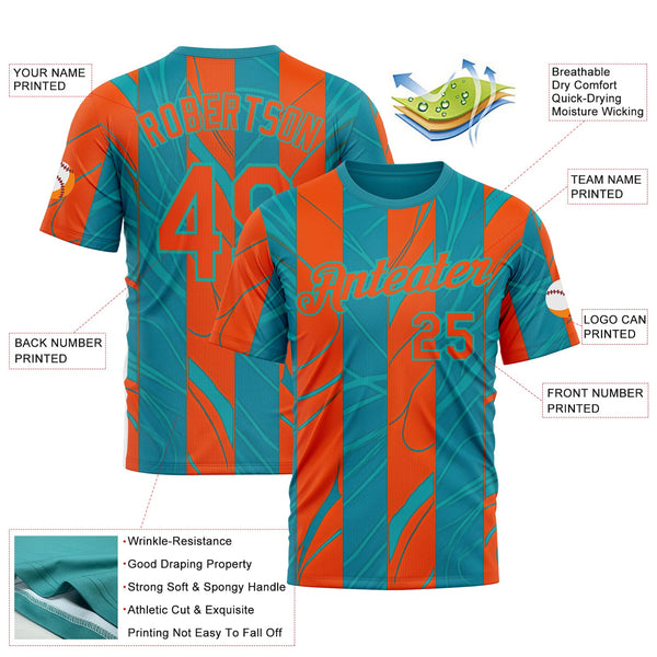 Custom Blue Orange-Aqua 3D Pattern Design Color Block Stripe Sportswear Performance T-Shirt alternate