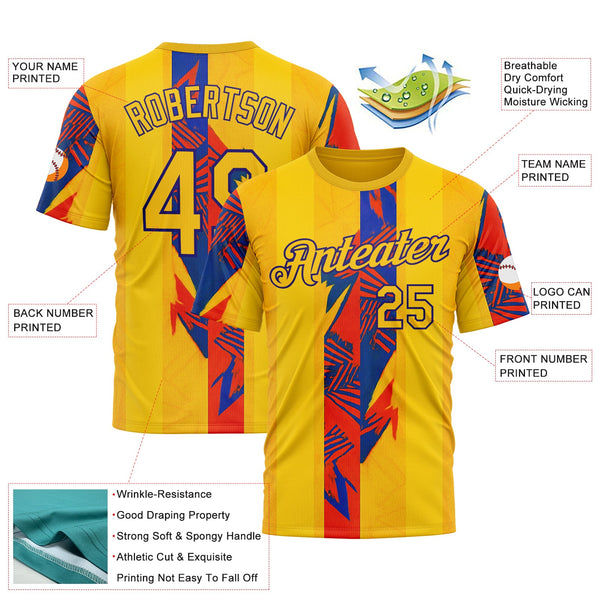 Custom Yellow Red-Dark Purple 3D Pattern Design Color Block Stripe Sportswear Performance T-Shirt alternate