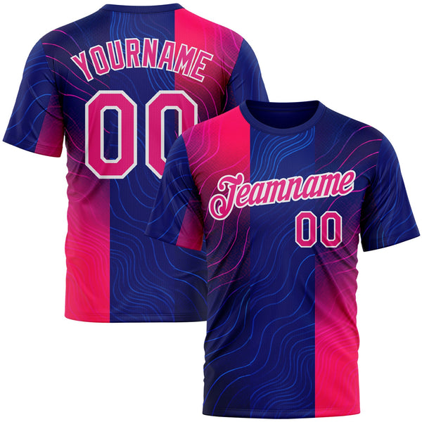 Custom Blue Hot Pink Red-White 3D Pattern Design Neon Stripe Sportswear Performance T-Shirt