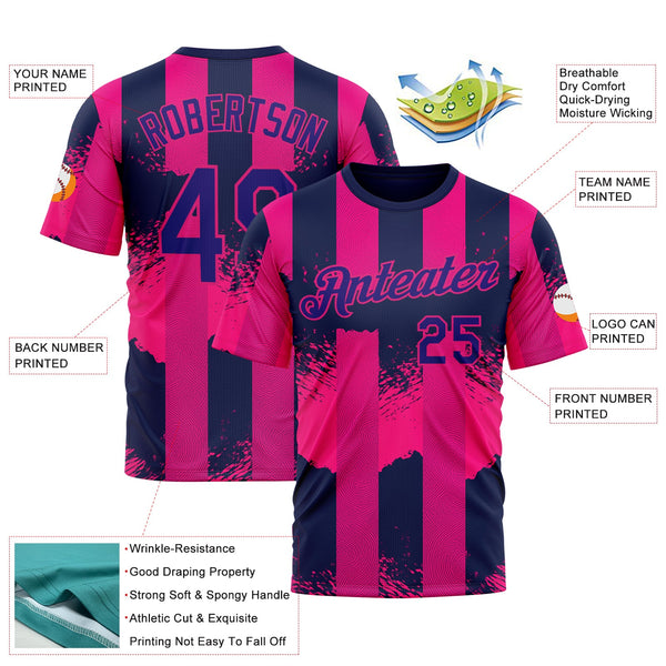 Custom Red Dark Purple-Hot Pink 3D Pattern Design Neon Stripe Sportswear Performance T-Shirt alternate