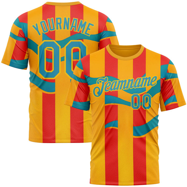 Custom Yellow Panther Blue-Red 3D Pattern Design Color Block Stripe Sportswear Performance T-Shirt