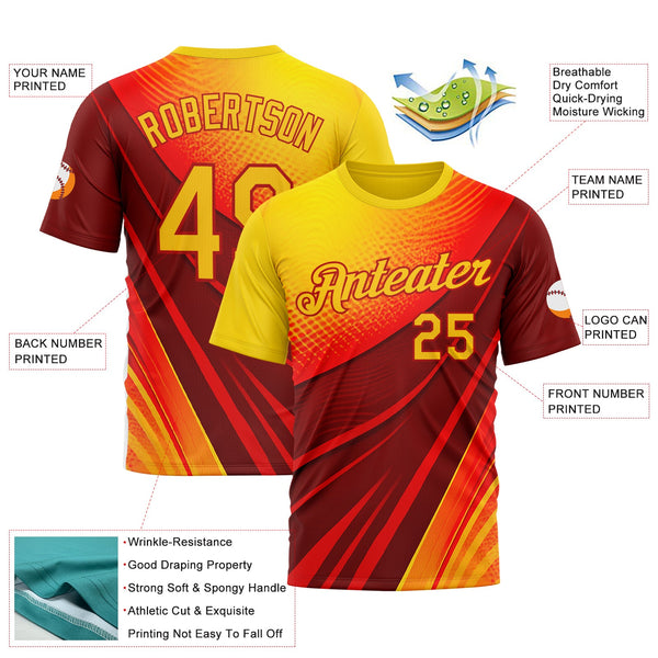 Custom Red Yellow 3D Pattern Design Spain Wave Gradient Sportswear Performance T-Shirt alternate