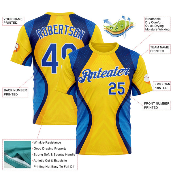 Custom Yellow Thunder Blue Blue-White 3D Pattern Design Brazil Color Block Sportswear Performance T-Shirt alternate