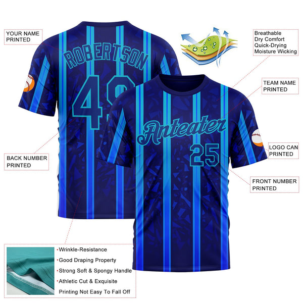 Custom Blue Royal-Lakes Blue 3D Pattern Design Classic Geometric Shape Stripe Sportswear Performance T-Shirt alternate