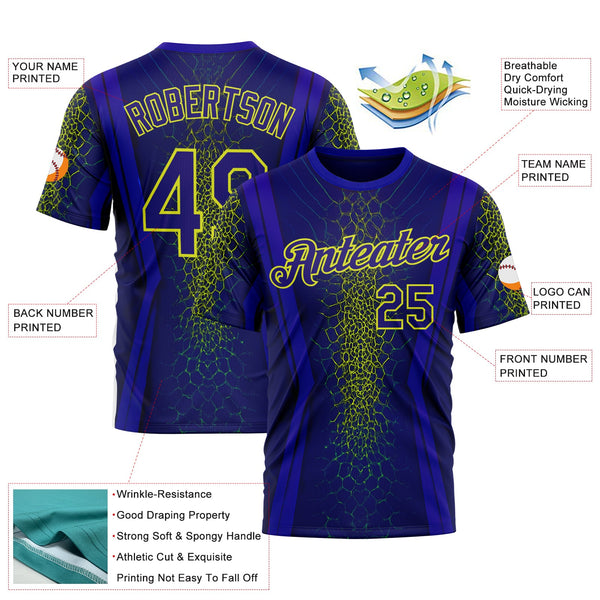 Custom Blue Dark Purple-Neon Yellow 3D Pattern Design Abstract Net Sportswear Performance T-Shirt alternate