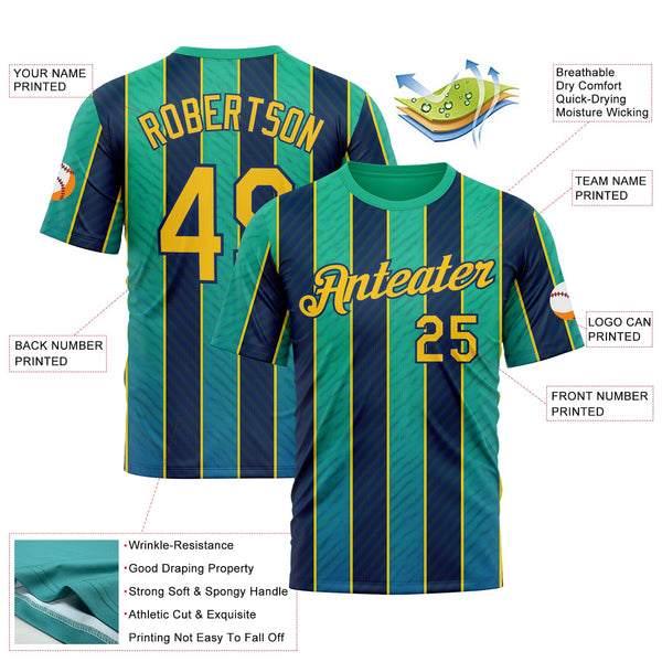 Custom Green Yellow-US Navy Blue 3D Pattern Design Stripe Sportswear Performance T-Shirt alternate