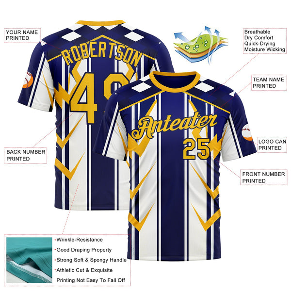 Custom White Yellow Blue-Navy 3D Pattern Design Geometric Shape Stripe Sportswear Performance T-Shirt alternate