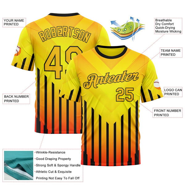Custom Yellow Red-Black 3D Pattern Design Gradient Geometric Shape Stripe Sportswear Performance T-Shirt alternate