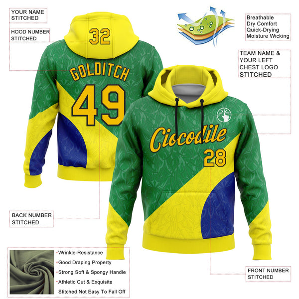 Custom Stitched Green Yellow Blue-Black 3D Pattern Design Brazil Inspired Subtle Sportswear Pullover Sweatshirt Hoodie alternate