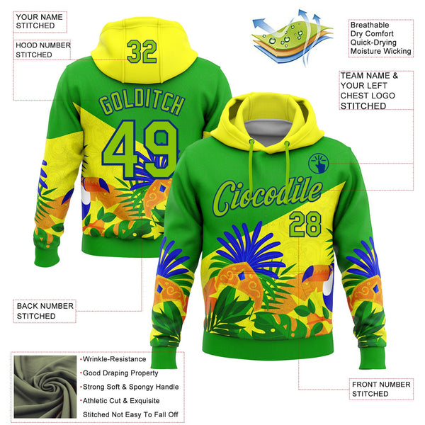 Custom Stitched Green Neon Green Yellow-Royal 3D Pattern Design Brazil Inspired Tropical Plants Sportswear Pullover Sweatshirt Hoodie alternate