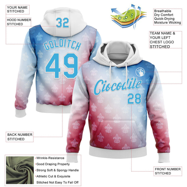 Custom Stitched White Sky Blue Red-Blue 3D Pattern Design American French Inspired Sportswear Pullover Sweatshirt Hoodie alternate