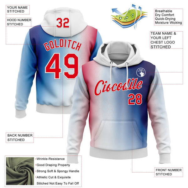 Custom Stitched White Fire Red-Blue 3D Pattern Design American Inspired Gradien Geometric Honeycomb Shape Sportswear Pullover Sweatshirt Hoodie alternate