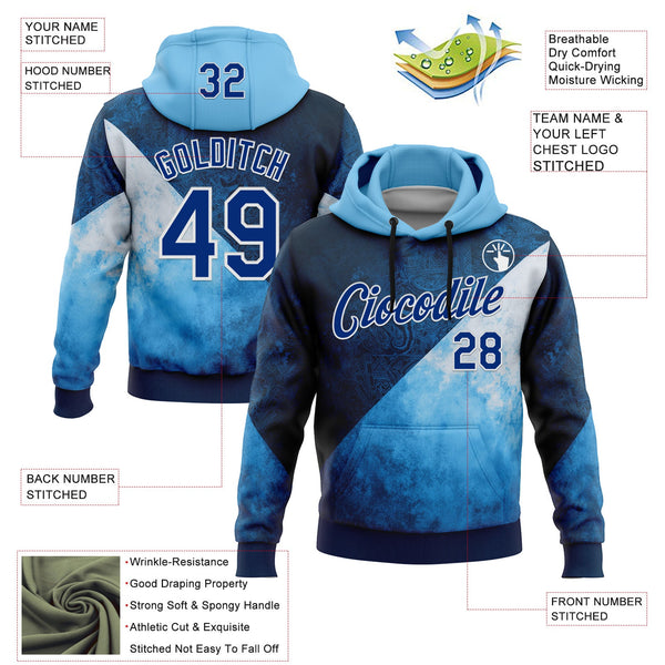 Custom Stitched Blue Royal-White 3D Pattern Design Argentine Inspired Geometric Tribal Watercolor Sportswear Pullover Sweatshirt Hoodie alternate