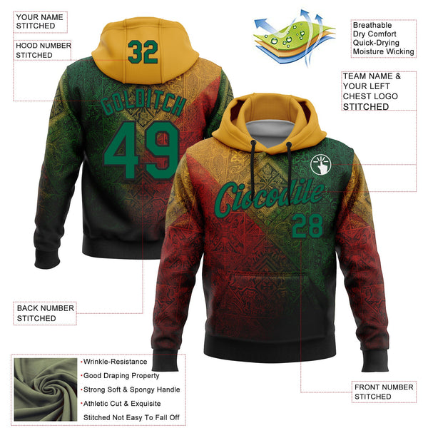 Custom Stitched Yellow Kelly Green Red-Black 3D Pattern Design Brazil Mexico Inspired Geometric Tribal Sportswear Pullover Sweatshirt Hoodie alternate