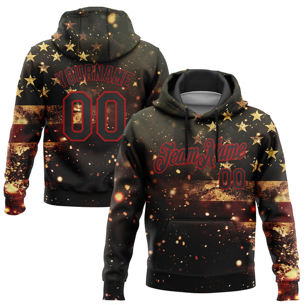 Custom Stitched Black Red 3D American Flag Retro Distressed Sparkle Grunge Sports Pullover Sweatshirt Hoodie