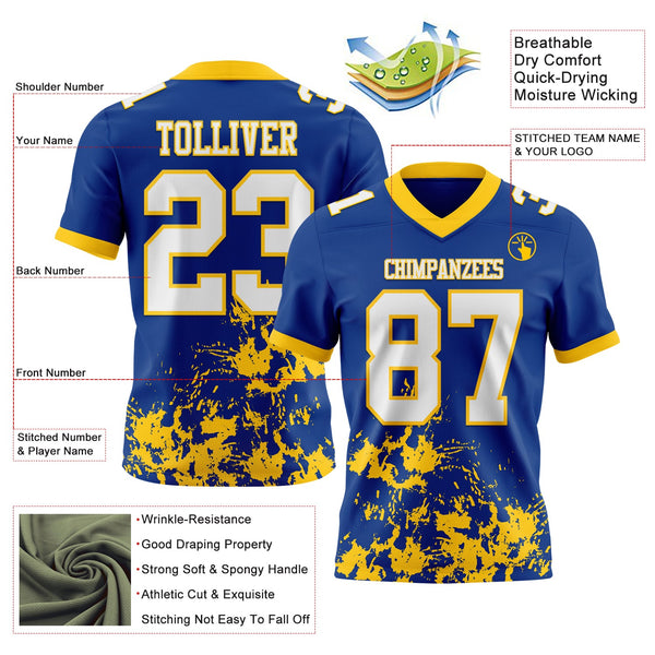 Custom Royal White-Yellow 3D Pattern Splash Authentic Football Jersey alternate