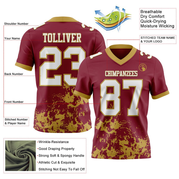 Custom Crimson White-Old Gold 3D Pattern Splash Authentic Football Jersey alternate