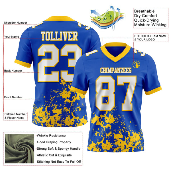 Custom Thunder Blue White-Yellow 3D Pattern Splash Authentic Football Jersey alternate