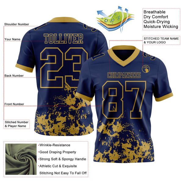 Custom Navy Old Gold 3D Pattern Splash Authentic Football Jersey alternate