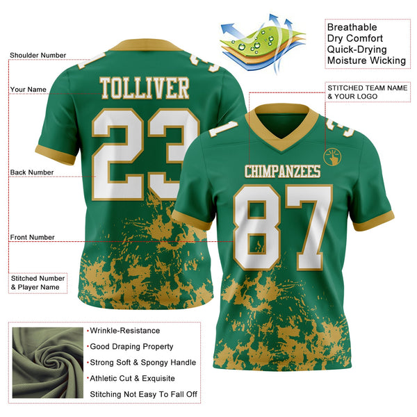 Custom Kelly Green White-Old Gold 3D Pattern Splash Authentic Football Jersey alternate